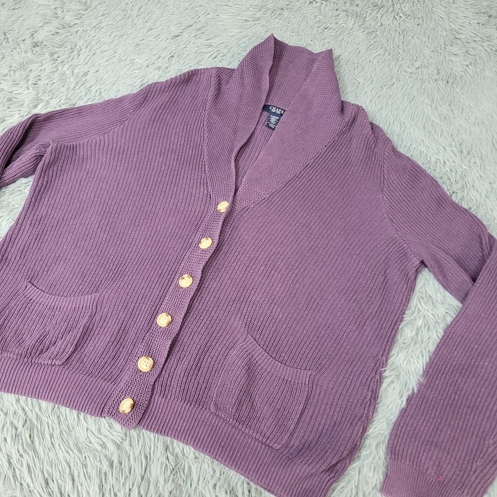 Chaps Sweater Womens XL Purple‎ Shawl Collar Cardigan Button Front Pockets